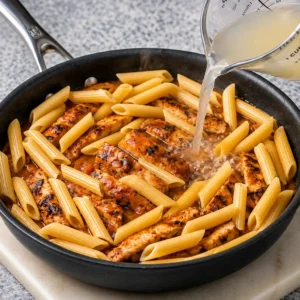 Chicken marinara pasta cooking in a black skillet as pasta water is poured over the penne and seared chicken strips to create a sauce.