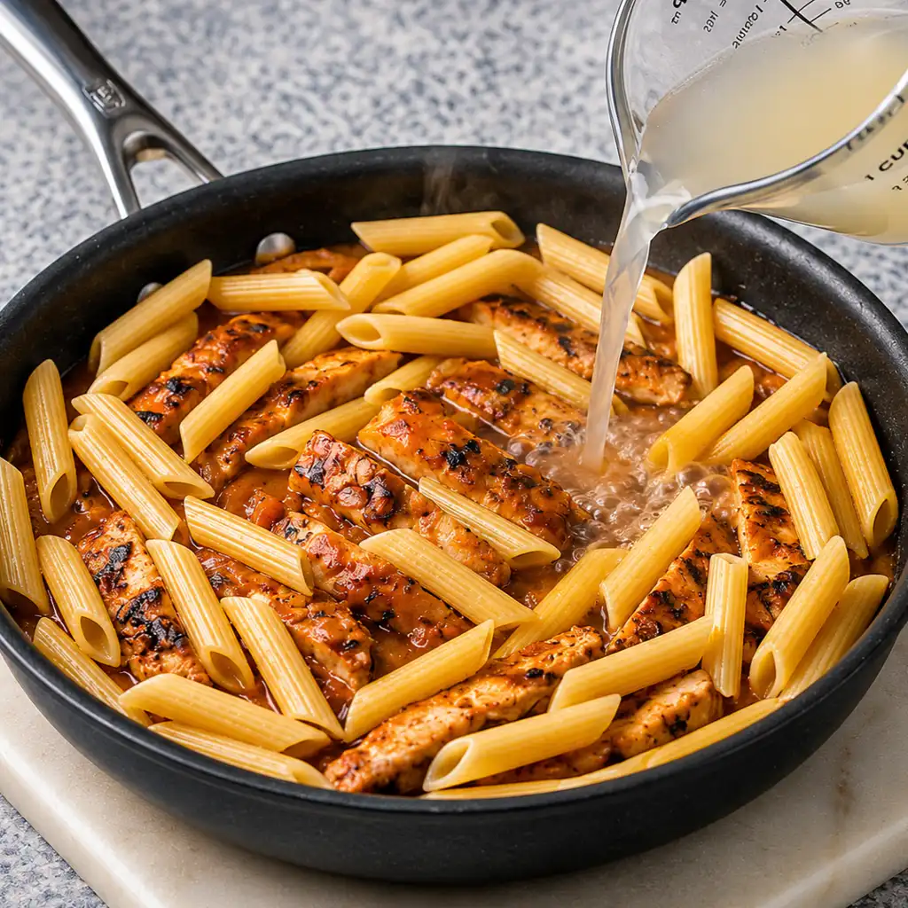 Chicken marinara pasta cooking in a black skillet as pasta water is poured over the penne and seared chicken strips to create a sauce.