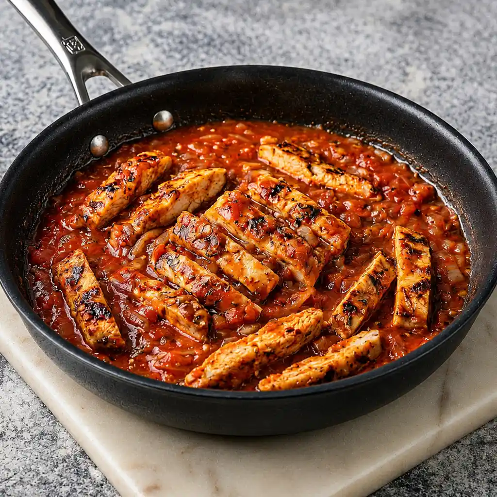 Grilled chicken strips nestled in a rich, simmering red marinara sauce with onions and garlic, cooking in a large skillet