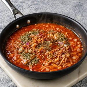 Spices, oregano, and chili flakes topped onto a thick, bubbling red pasta sauce with chopped onions cooking in a large skillet
