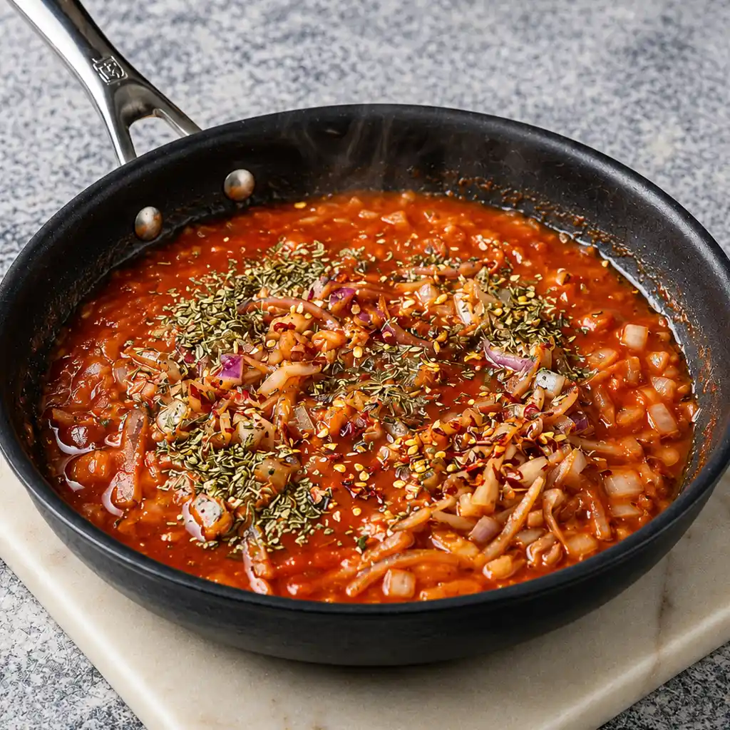Spices, oregano, and chili flakes topped onto a thick, bubbling red pasta sauce with chopped onions cooking in a large skillet