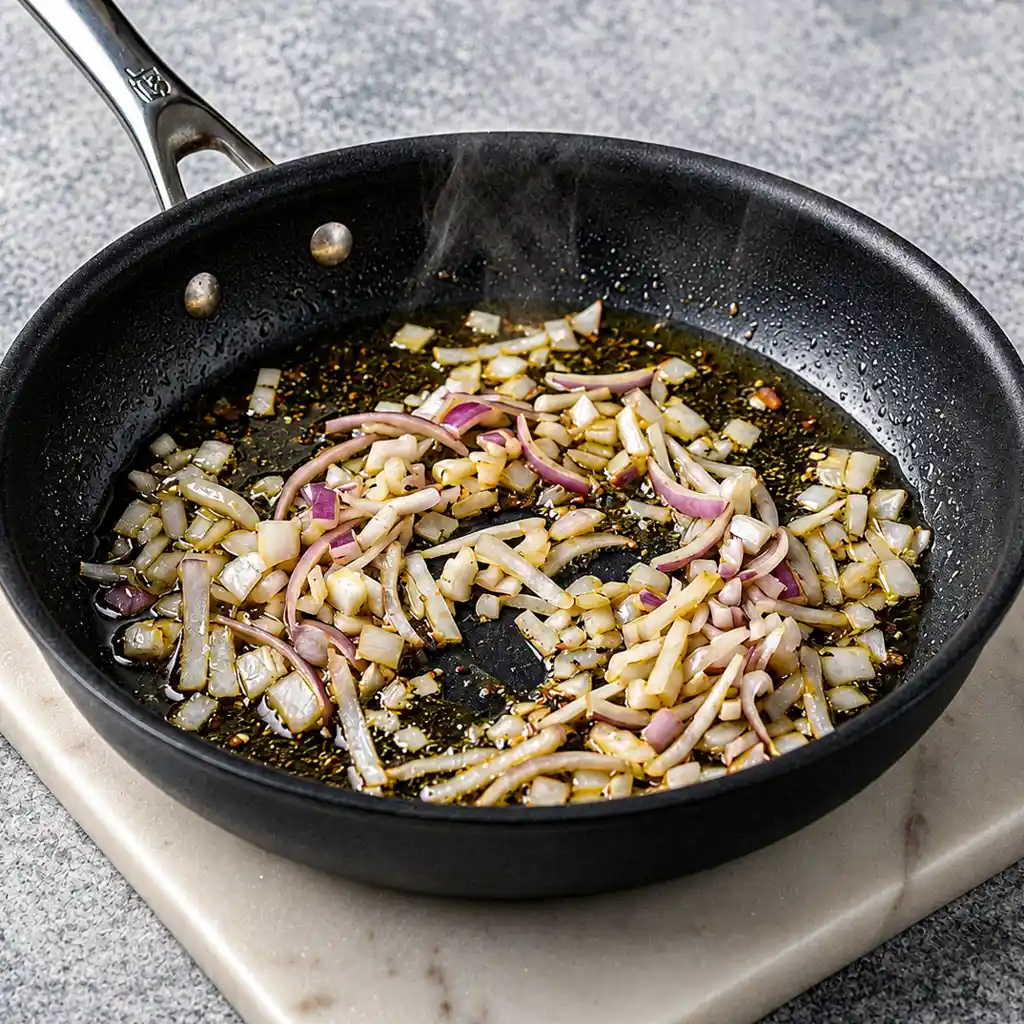 Cooking onions and garlic in olive oil within a large frying pan