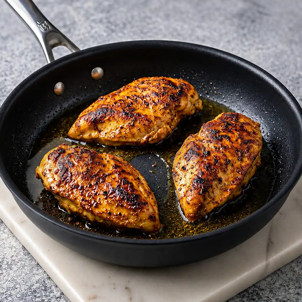 Three seasoned chicken breasts searing until golden brown in olive oil inside a black skillet,