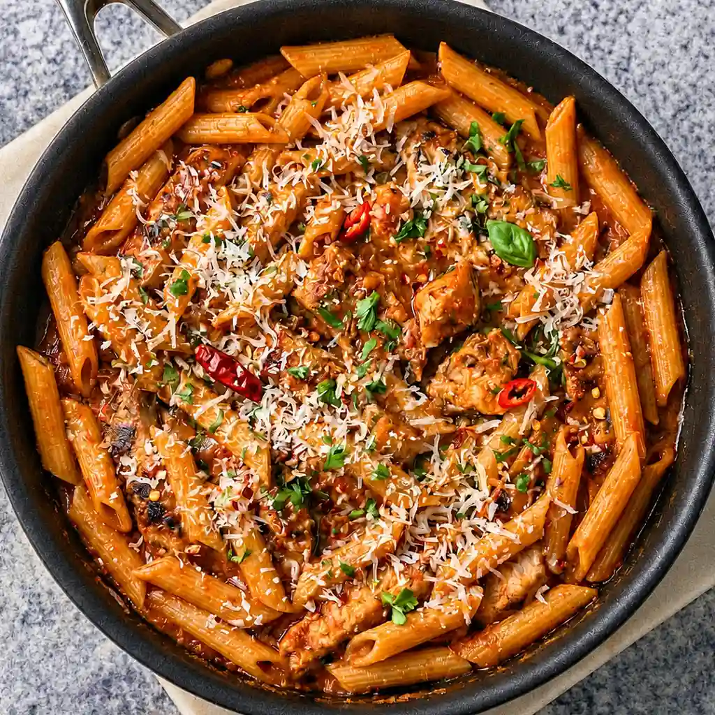 Chicken Marinara Pasta Contains Penne pasta and sliced grilled chicken breast tossed in a rich tomato marinara sauce, garnished with fresh parsley, basil, and grated parmesan cheese in a black skillet.