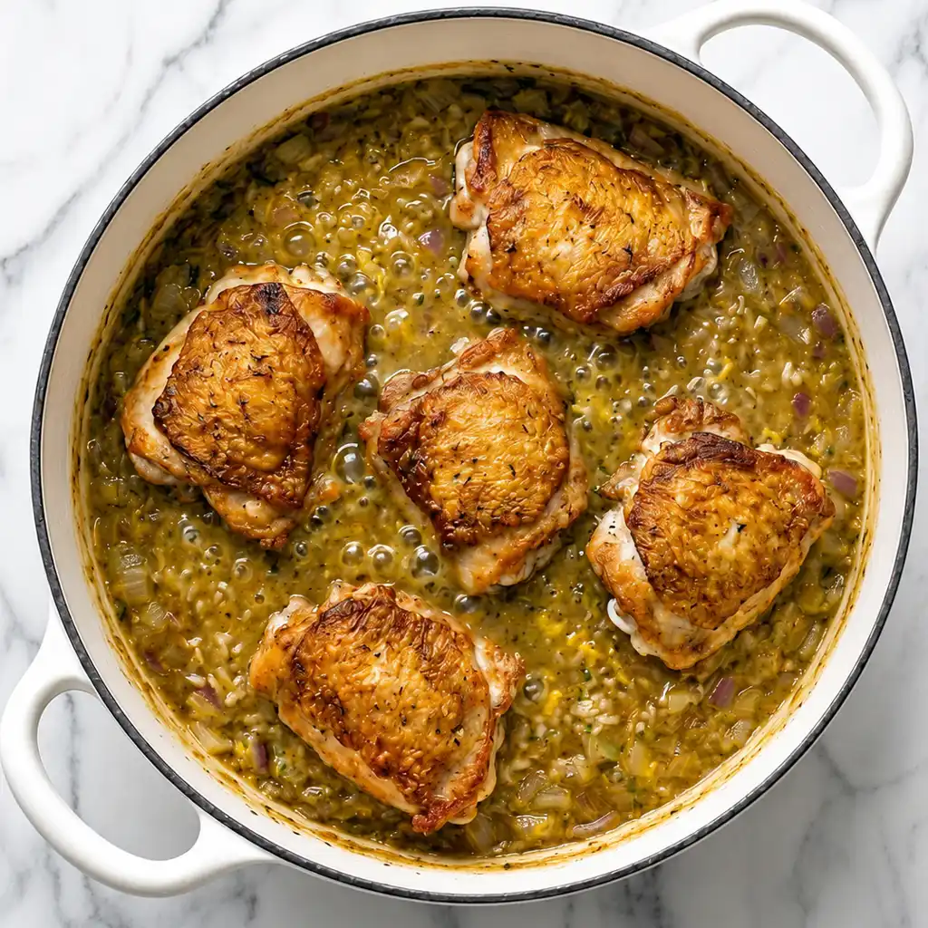 five crispy, golden-brown chicken thighs nestling in a bubbling bed of citrus-infused rice and onions inside a white Dutch oven.