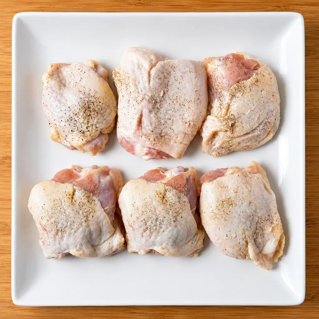 six raw, bone-in chicken thighs seasoned with black pepper, arranged on a square white plate over a wooden surface.