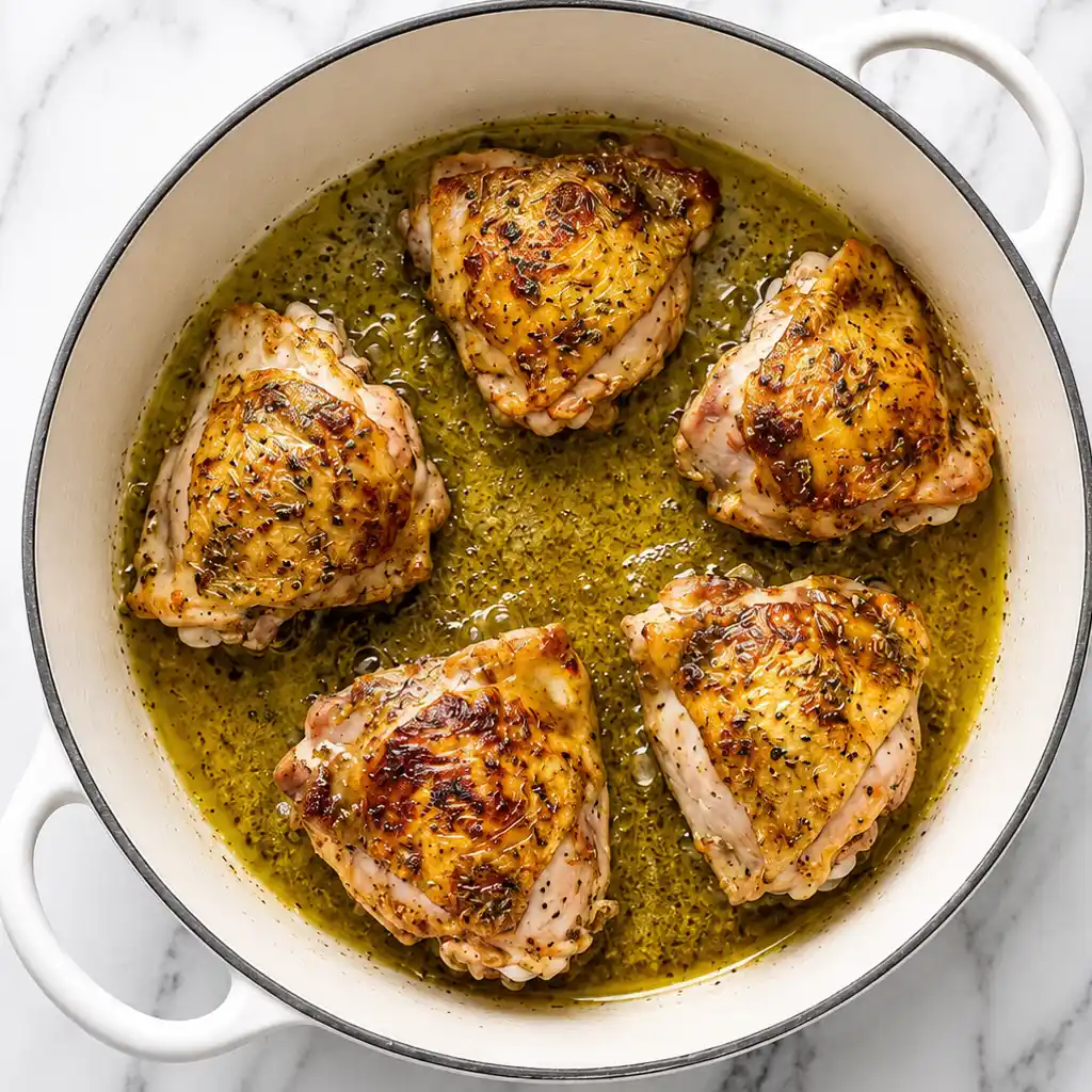 Five pan-roasted chicken thighs with a crispy, golden-brown crust, cooked in olive oil with spices in a white pot