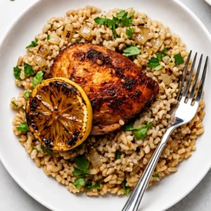 Chicken and Orange Rice showing a single roasted, golden-brown chicken thigh served over a bed of seasoned rice, garnished with a charred citrus slice and fresh parsley.