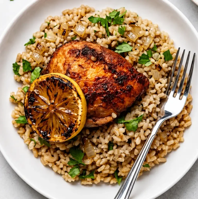 Chicken and Orange Rice showing a single roasted, golden-brown chicken thigh served over a bed of seasoned rice, garnished with a charred citrus slice and fresh parsley.