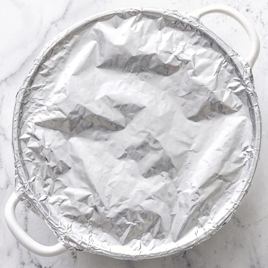 white Dutch oven tightly covered with aluminum foil on a marble surface