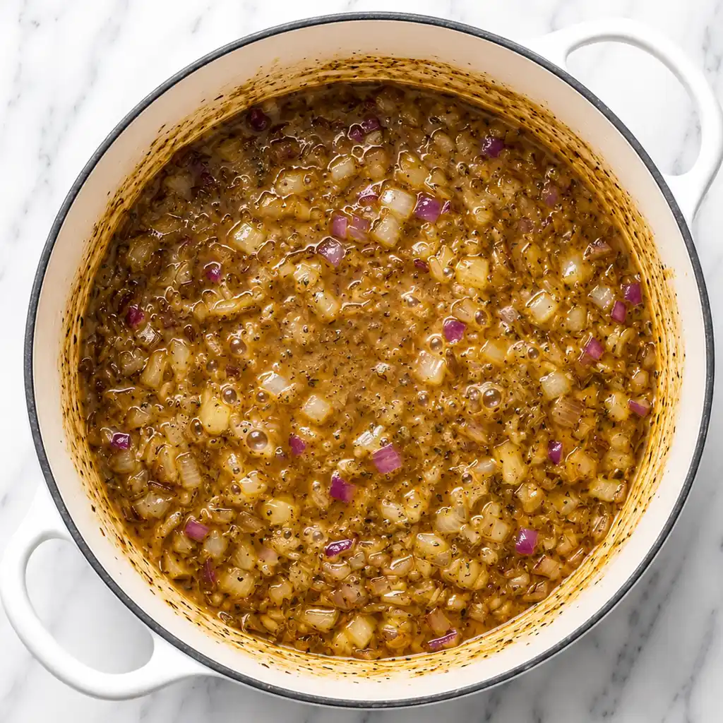 Chopped red and white onions are sautéed with spices in chicken broth and lemon juice, which is brought to a boil in a white Dutch oven