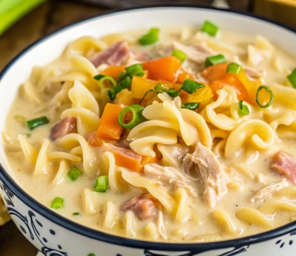 creamy crack chicken noodle soup in a patterned bowl, featuring spiral egg noodles, shredded chicken, diced carrots, and chopped ham, garnished with fresh green onions.