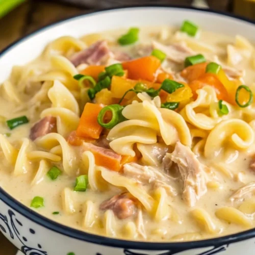 creamy crack chicken noodle soup in a patterned bowl, featuring spiral egg noodles, shredded chicken, diced carrots, and chopped ham, garnished with fresh green onions.