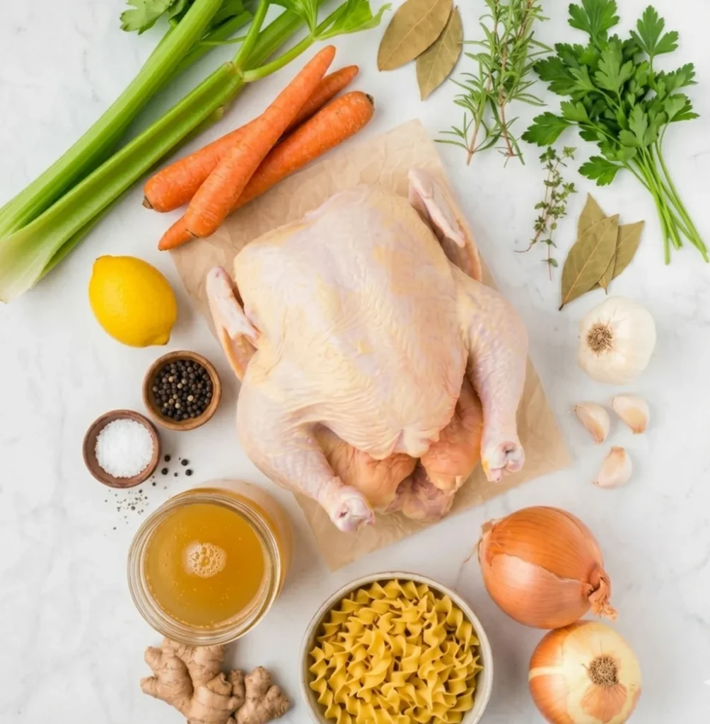 Flat lay of ingredients for Grandma's Chicken Noodle Soup Recipe including a whole raw chicken, egg noodles, broth, celery, carrots, onions, garlic, lemon, ginger, and fresh herbs.