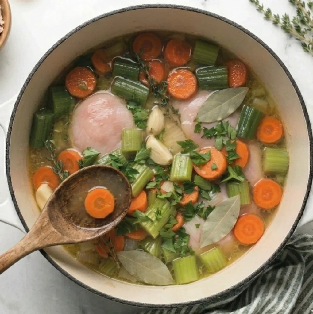 A large white pot containing raw chicken pieces simmering in broth with sliced carrots, celery, fresh herbs, bay leaves, and garlic cloves for Grandma's Chicken Noodle Soup Recipe.