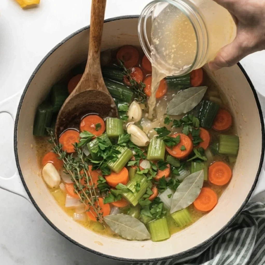 Chicken broth being poured from a glass jar into a white pot filled with chopped carrots, celery, herbs, and garlic for Grandma's Chicken Noodle Soup Recipe.