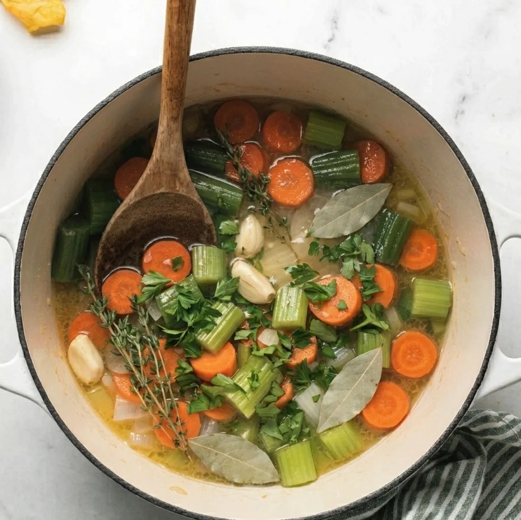 A large white pot filled with simmering broth, chopped carrots, celery, garlic cloves, bay leaves, and fresh herbs, with a wooden spoon resting inside.