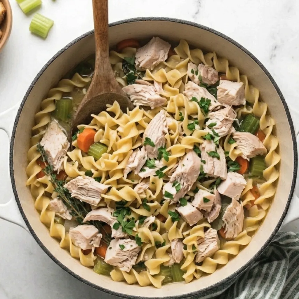 A top-down view of Grandma's Chicken Noodle Soup Recipe in a white pot, packed with spiral egg noodles, chunks of cooked chicken, carrots, celery, and herbs.