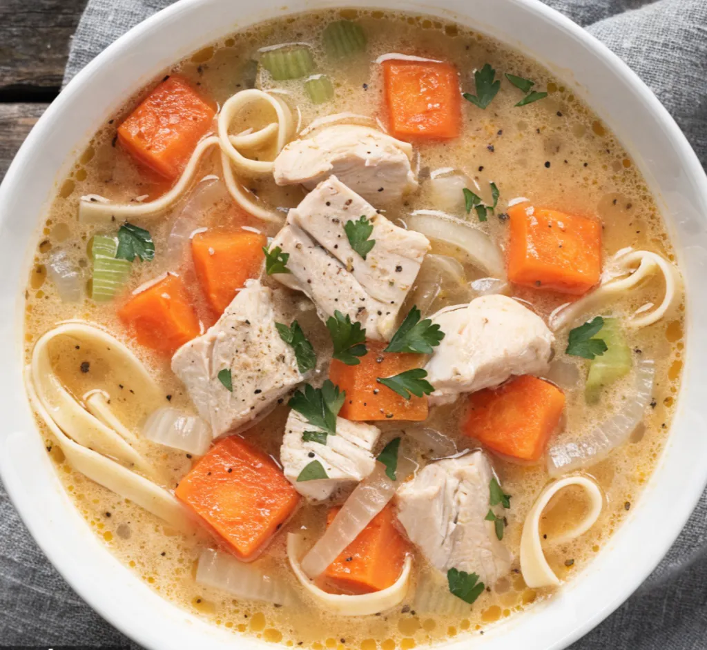 A close-up, top-down view of Grandma's Chicken Noodle Soup Recipe served in a white bowl, showing tender chicken chunks, thick egg noodles, carrots, and fresh parsley garnish.