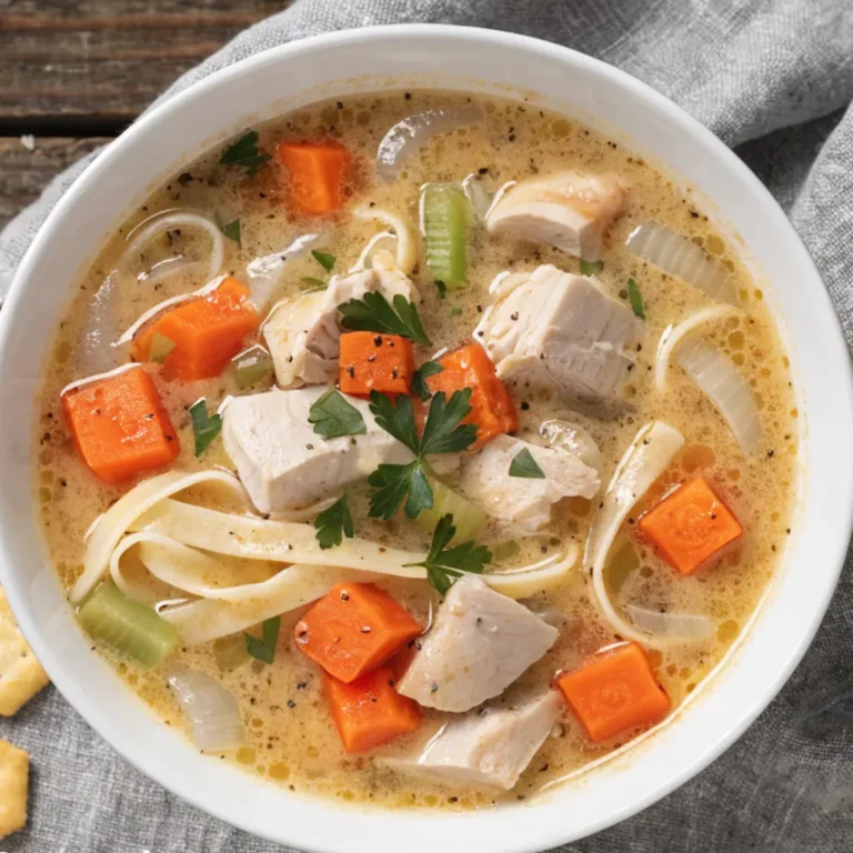 A close-up, top-down view of Grandma's Chicken Noodle Soup Recipe served in a white bowl, showing tender chicken chunks, thick egg noodles, carrots, and fresh parsley garnish.