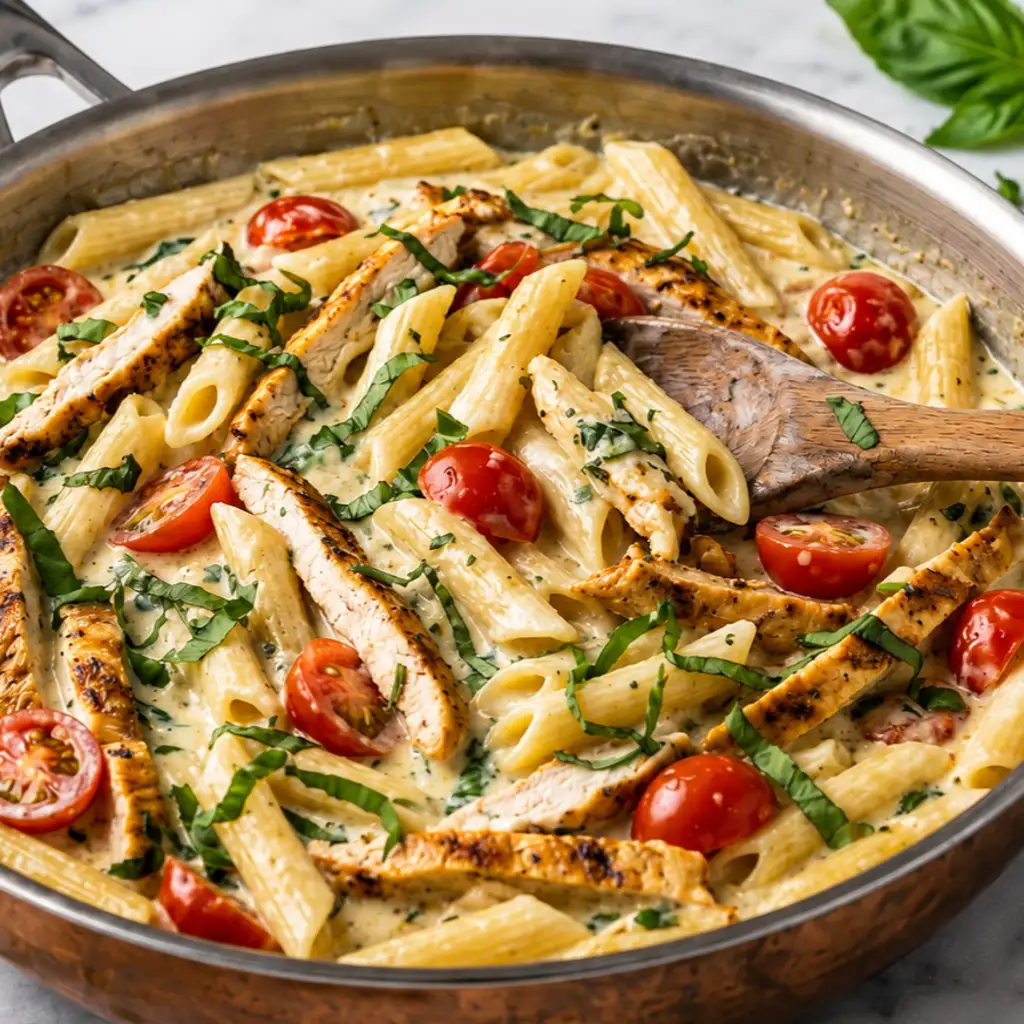 Creamy Grilled Chicken Pasta tossed with sliced grilled chicken breasts, juicy cherry tomato halves, and fresh chopped basil, served in a large stainless steel skillet with a wooden spoon.