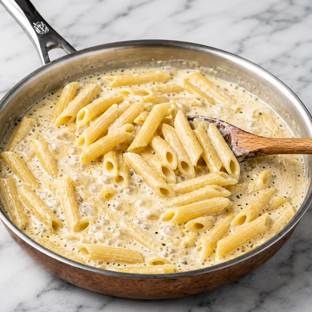 Penne pasta simmering in a rich, creamy white sauce inside a stainless steel skillet, being stirred with a large wooden spoon.