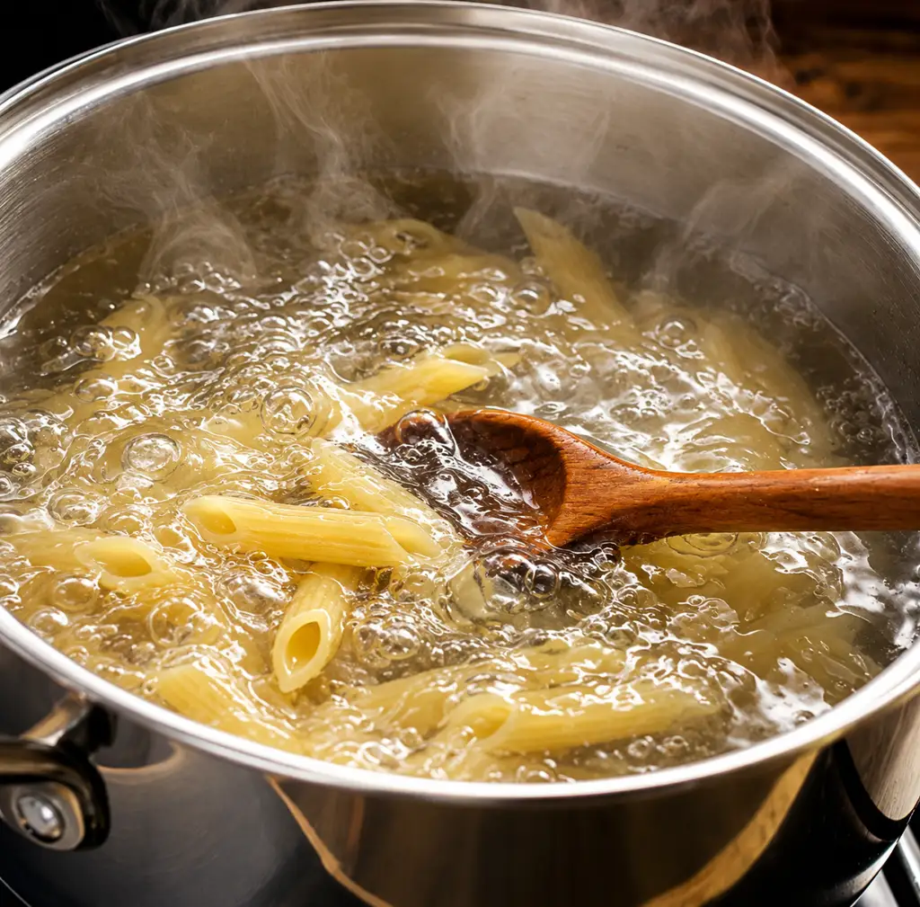 Penne pasta boiling in a large stainless steel pot of bubbling water, being stirred with a wooden spoon to prepare for chicken pasta.