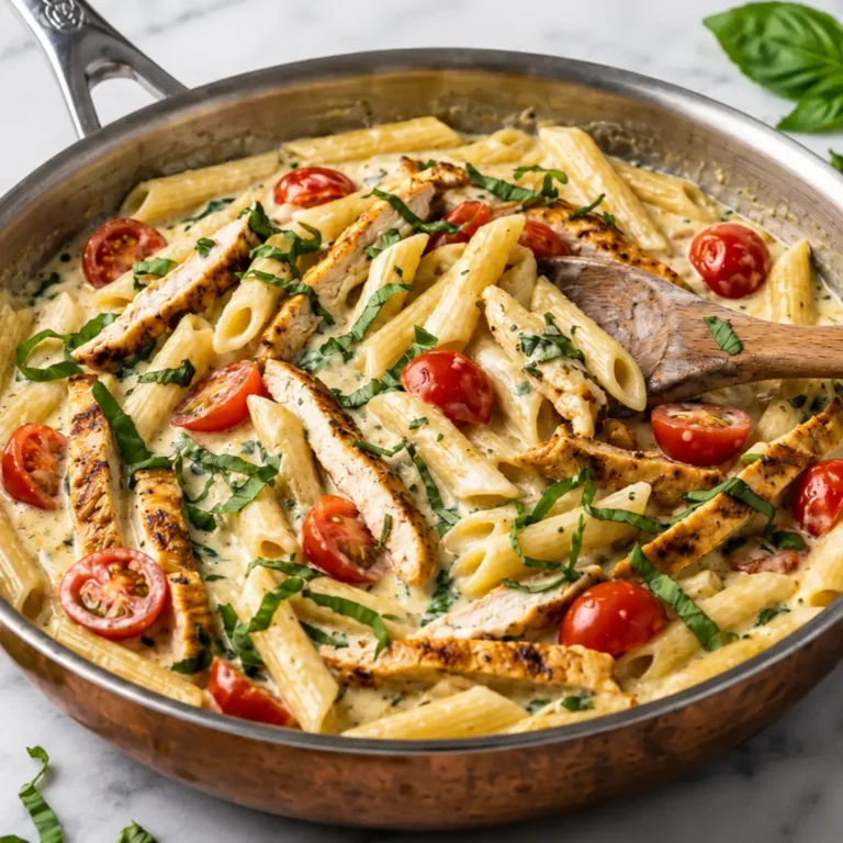 Creamy Grilled Chicken Pasta tossed with sliced grilled chicken breasts, juicy cherry tomato halves, and fresh chopped basil, served in a large stainless steel skillet with a wooden spoon.