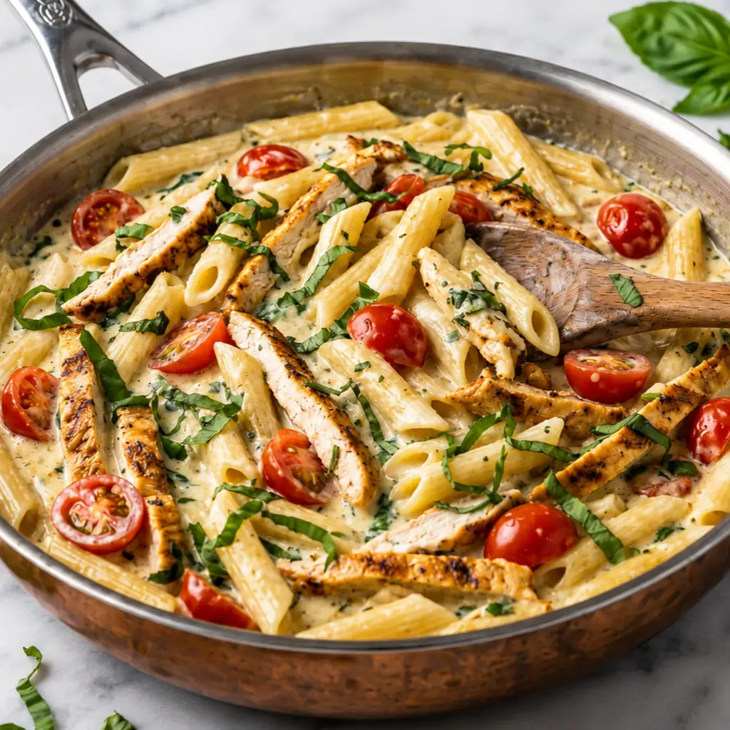 Creamy Grilled Chicken Pasta tossed with sliced grilled chicken breasts, juicy cherry tomato halves, and fresh chopped basil, served in a large stainless steel skillet with a wooden spoon.