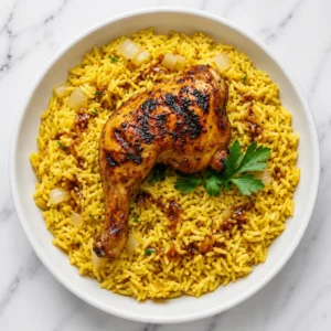 rice grilled chicken leg with a golden-brown, charred skin served over a generous portion of savory yellow rice in a round white bowl.