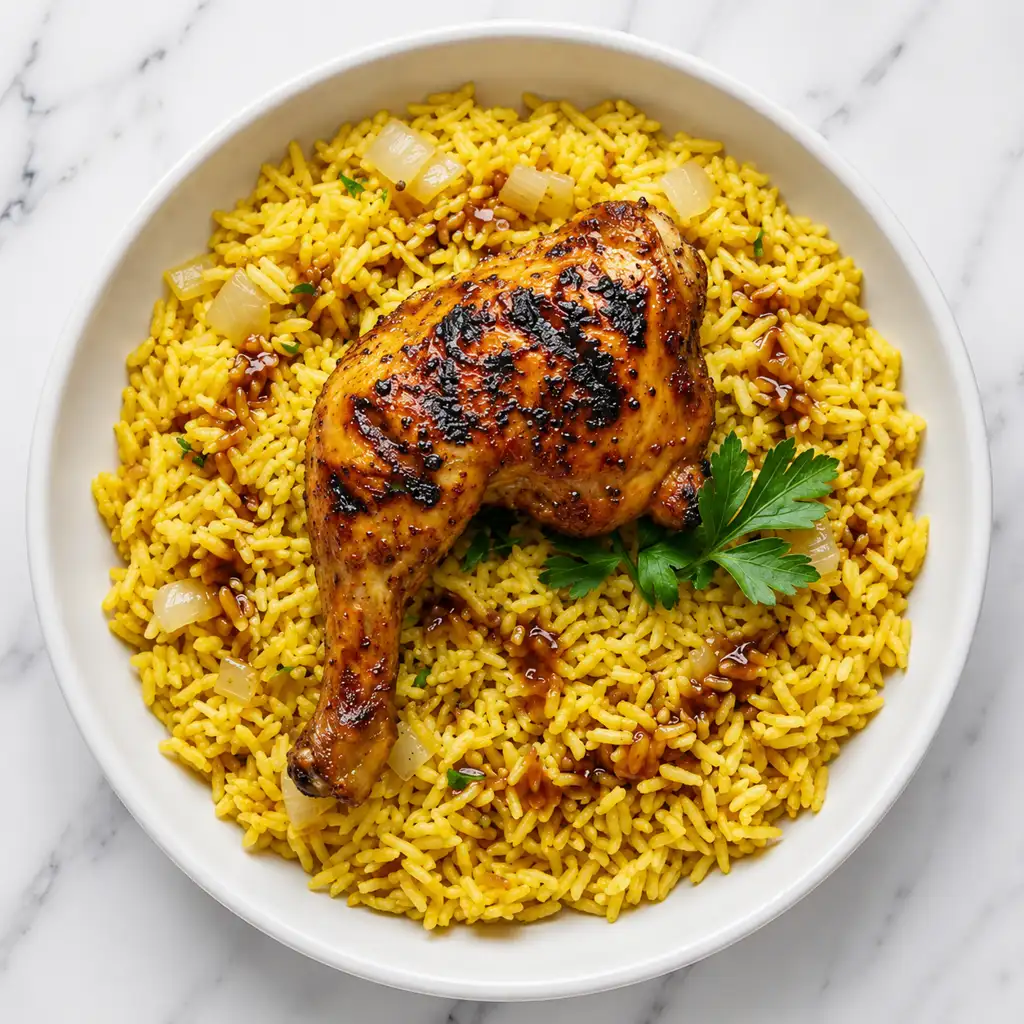 Rice Grilled Chicken leg with a golden-brown, charred skin served over a generous portion of savory yellow rice in a round white bowl.