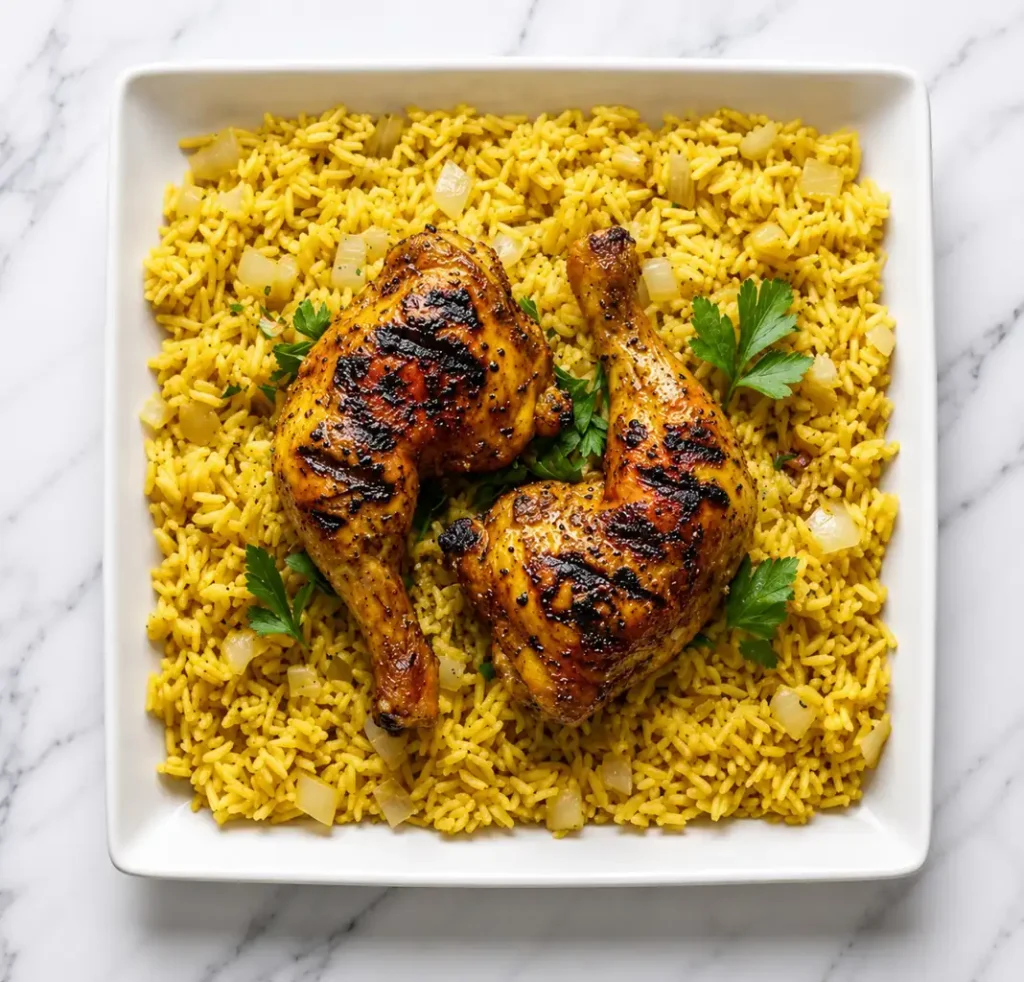 Two seasoned Rice Grilled Chicken leg quarters with distinct char marks served over a large bed of vibrant yellow rice in a square white dish, garnished with fresh parsley sprigs.