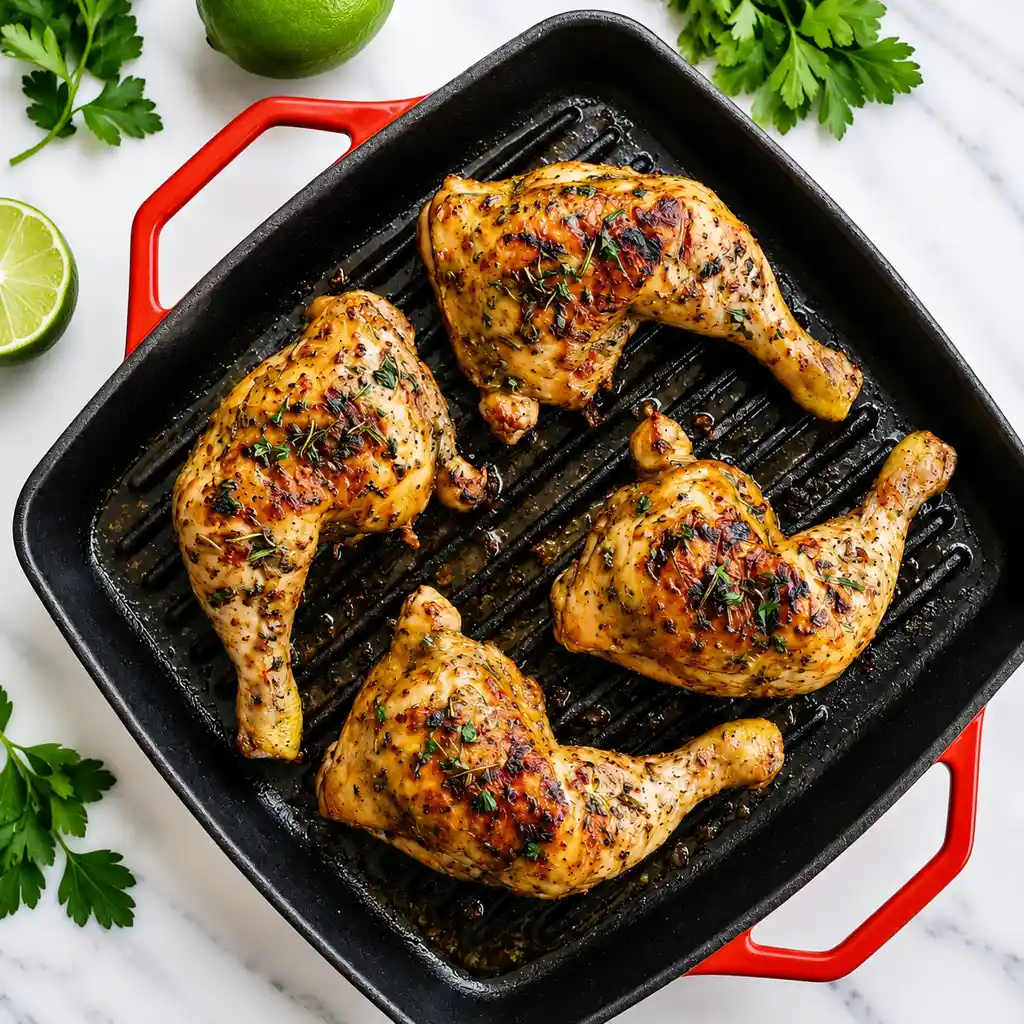 Four seasoned, herb-rubbed chicken leg quarters grilling in a black cast-iron skillet with red handles, surrounded by fresh parsley sprigs and cut lime halves on a marble surface.