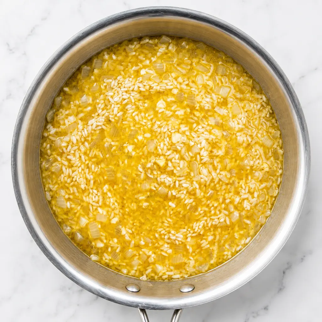 uncooked white rice and diced onions simmering in a vibrant yellow broth inside a stainless steel saucepan, placed on a light marble countertop background.