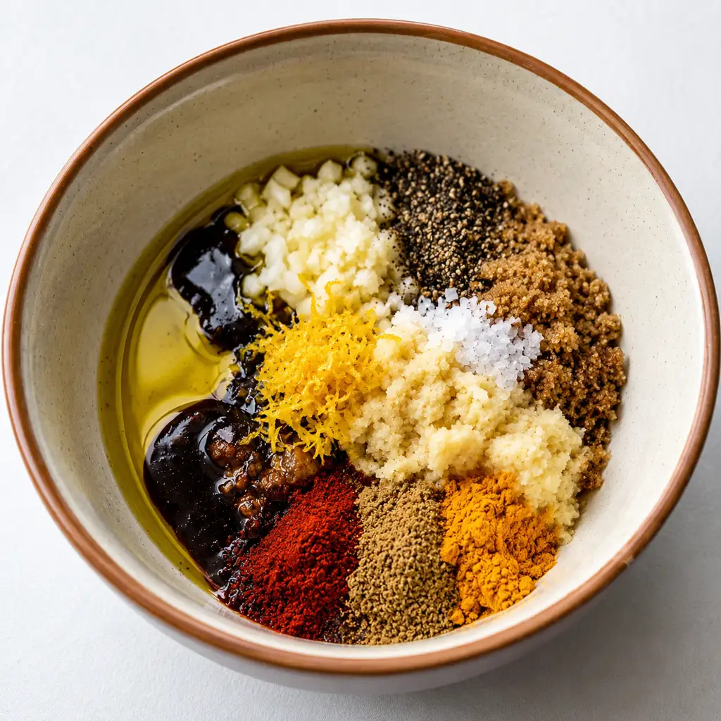 Various dry spices, grated lemon zest, minced garlic, and liquid marinade components beautifully arranged in separate sections within a round ceramic mixing bowl before being blended together.