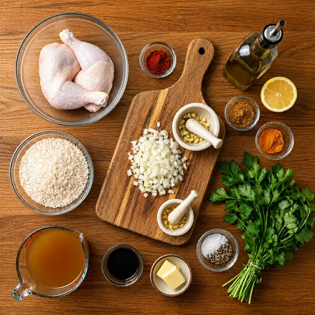 Rice Grilled Chicken recipe ingredients including raw chicken legs, white rice, chicken broth, chopped onions on a wooden board, fresh parsley, spices, olive oil, lemon, and butter on a wooden table.