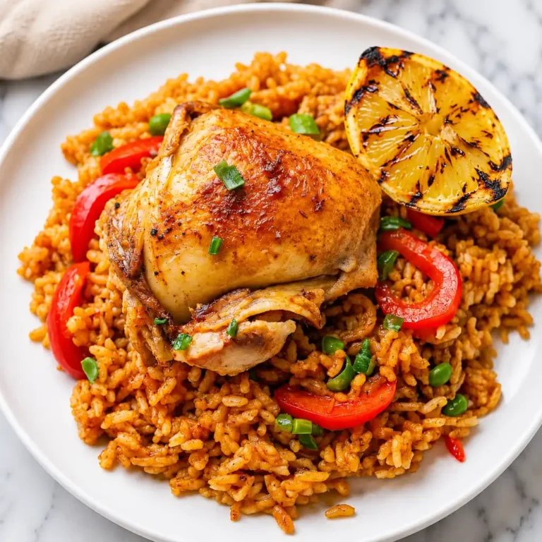 Savory Spanish chicken and rice featuring a juicy, roasted chicken thigh served over a bed of flavorful tomato-infused rice, mixed with red peppers garnished with fresh herbs and a charred lemon slice.