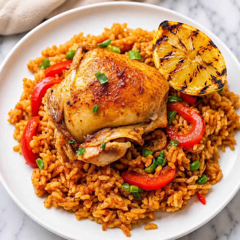 Savory Spanish chicken and rice featuring a juicy, roasted chicken thigh served over a bed of flavorful tomato-infused rice, mixed with red peppers garnished with fresh herbs and a charred lemon slice.