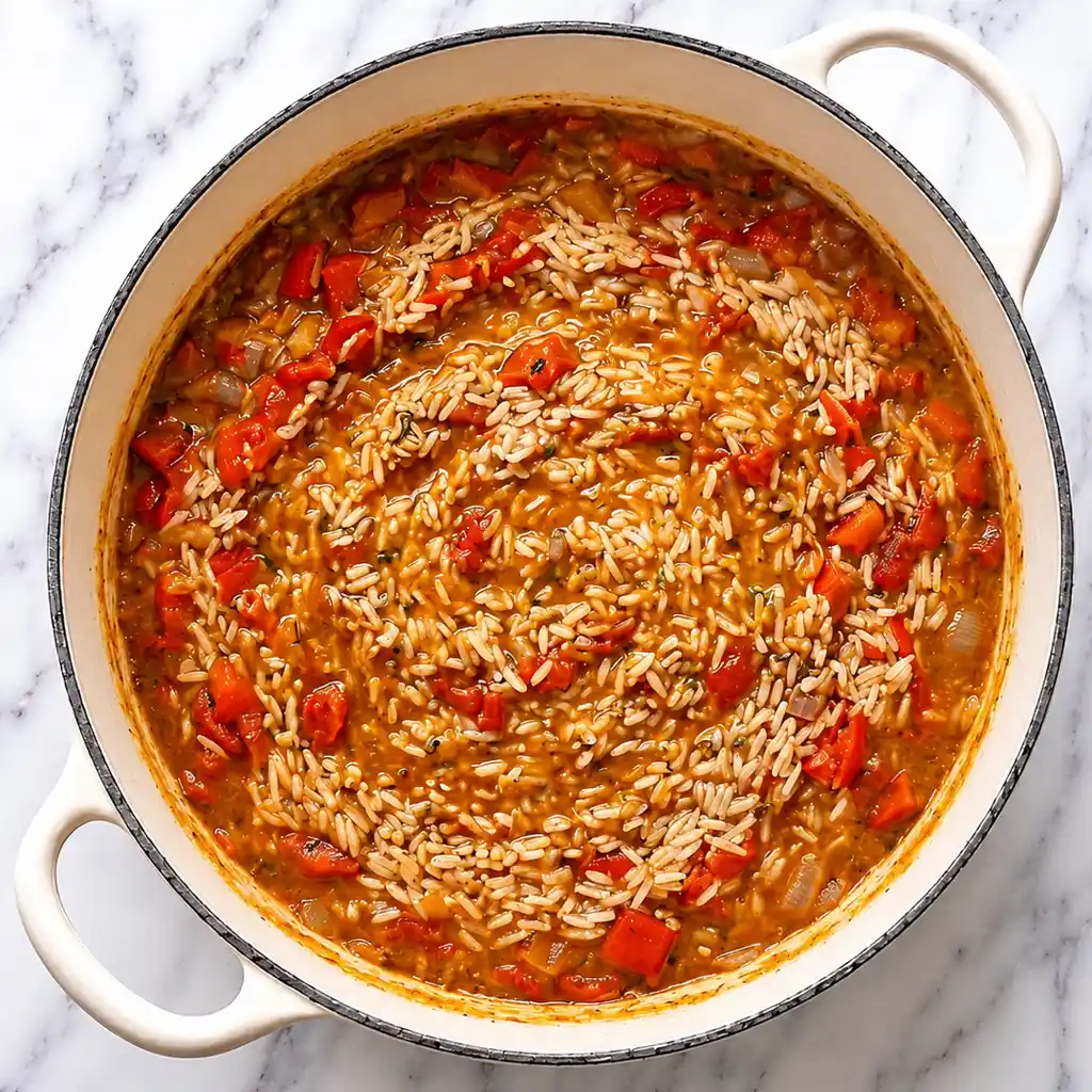 seasoned Spanish rice cooking in a white pot with handles. The dish features long-grain rice blended with a savory tomato sauce and chopped red peppers.