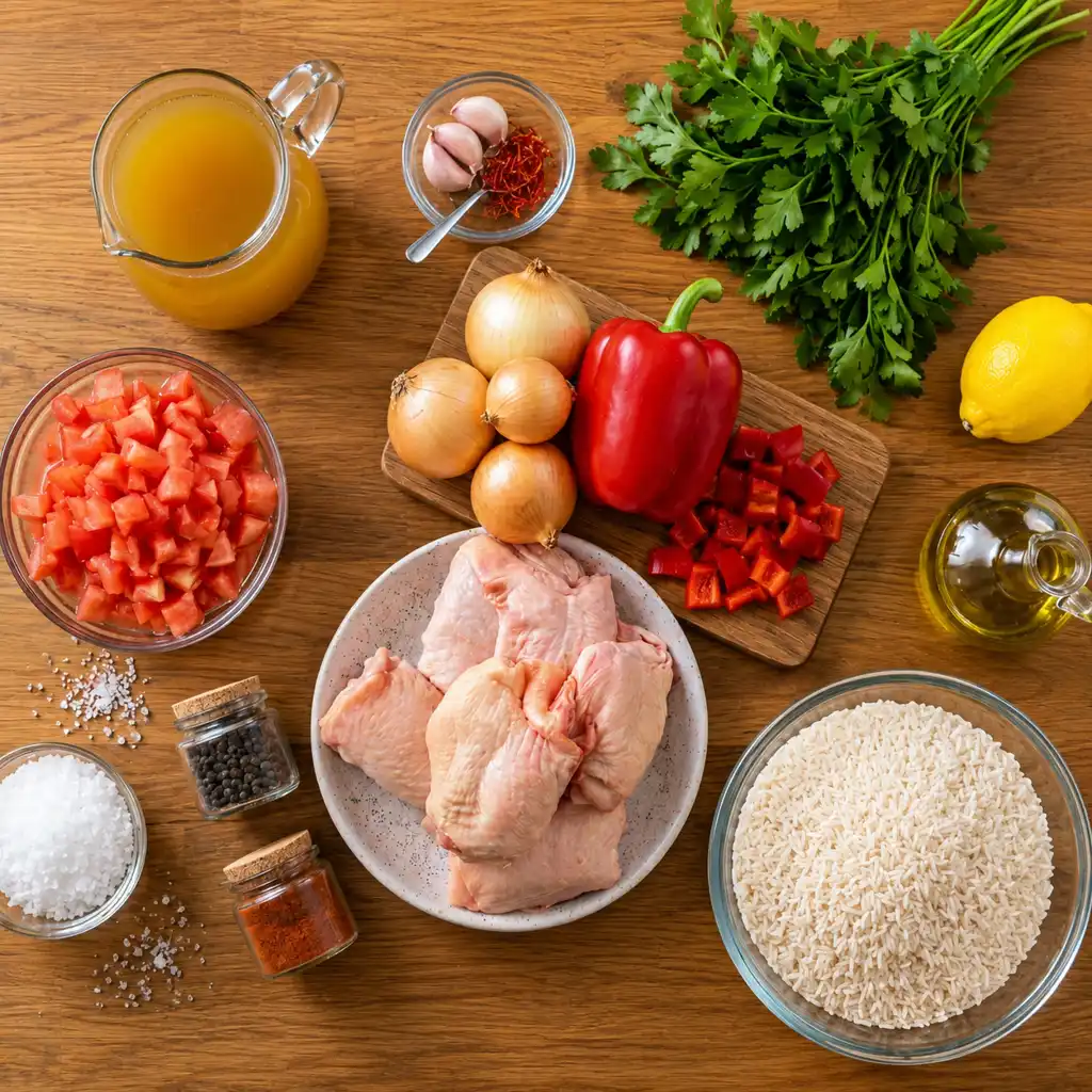 ingredients to make Spanish chicken and rice, featuring raw chicken thighs, a bowl of rice, diced tomatoes, whole onions, a red pepper, lemon, olive oil, and spices.