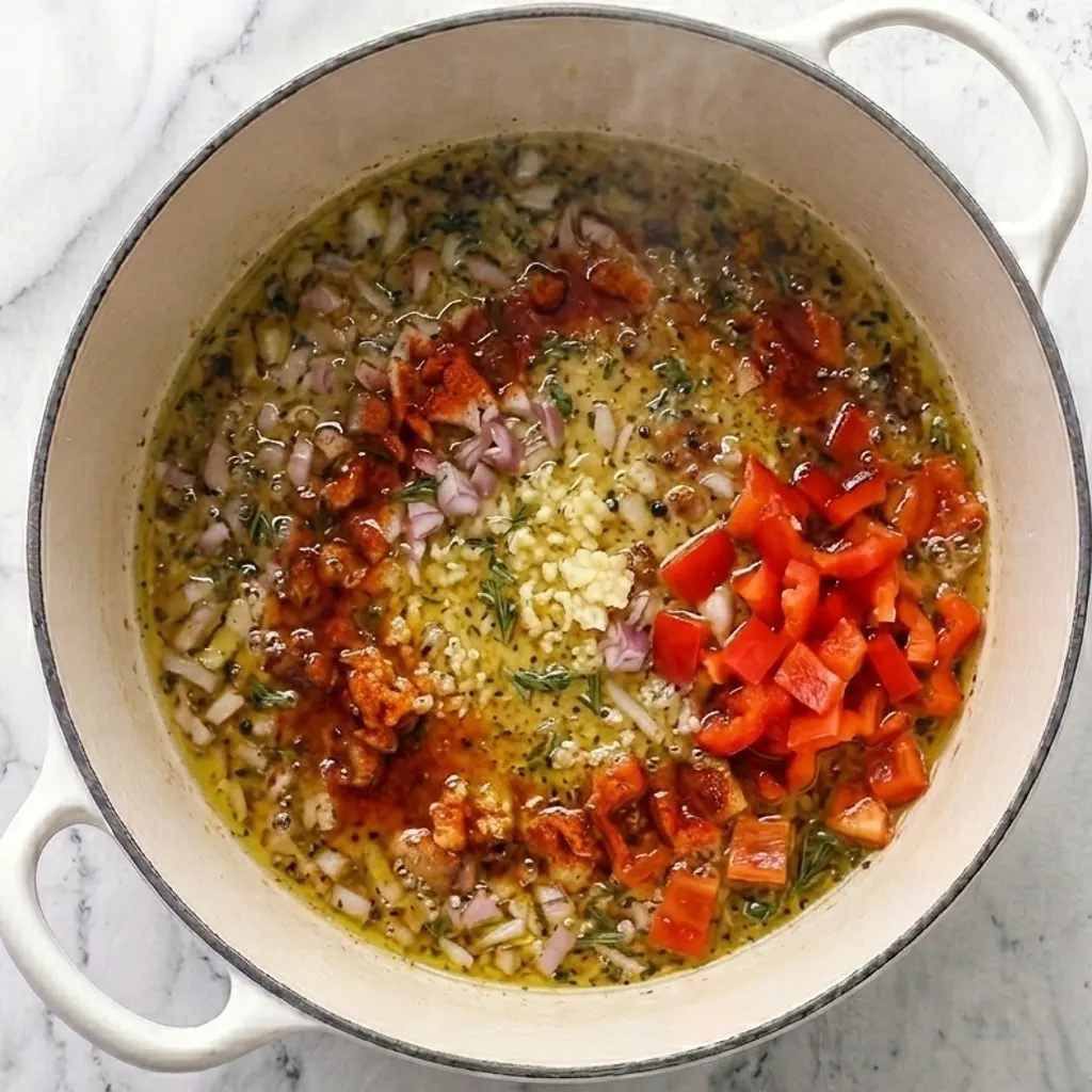 Sautéing aromatics for Spanish chicken and rice, featuring chopped red peppers, onions, garlic, and paprika sizzling in oil at the bottom of a white pot