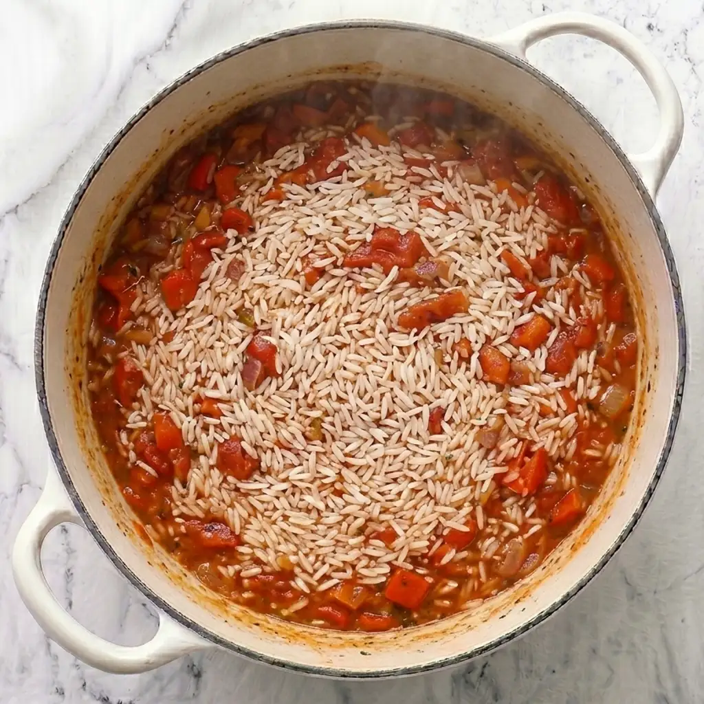 white rice being stirred into a savory tomato, onion, and red pepper mixture inside a white pot during recipe preparation.
