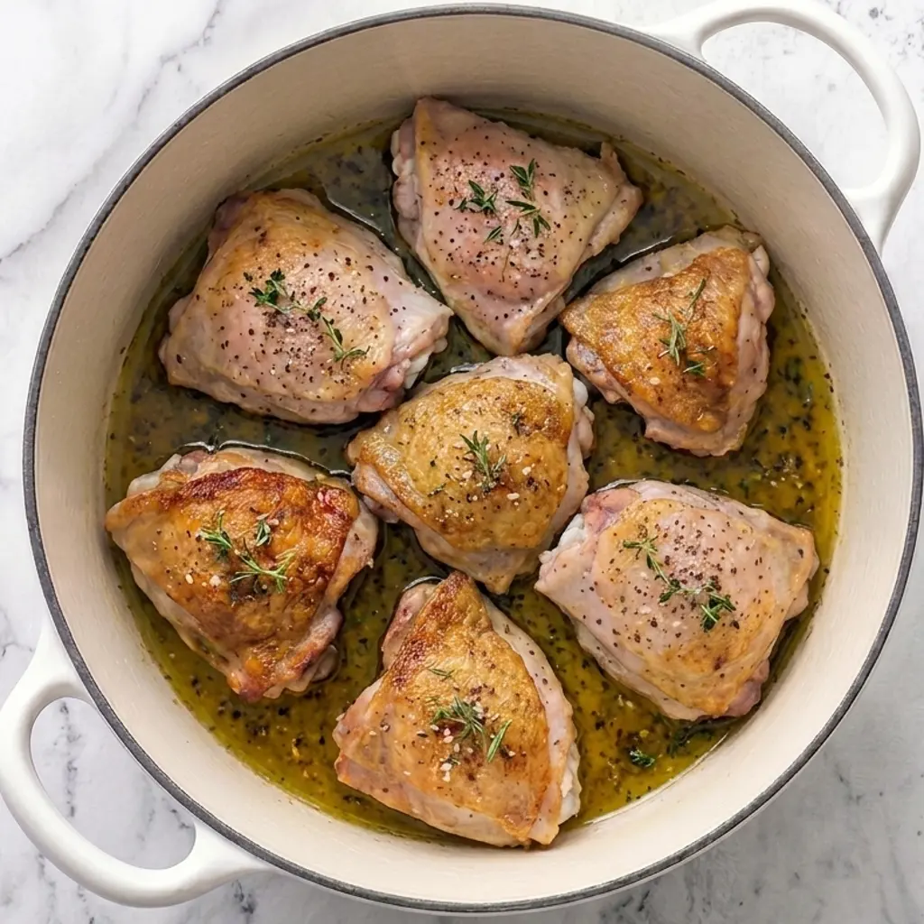 Six seasoned chicken thighs searing in oil inside a white enameled pot, topped with fresh herbs and viewed from above on a marble surface.