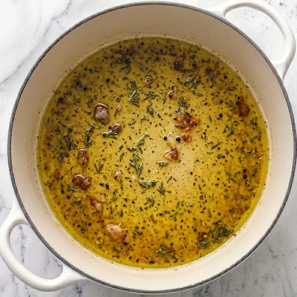 golden chicken fat and oil infused with herbs and spices in a white Dutch oven pot.