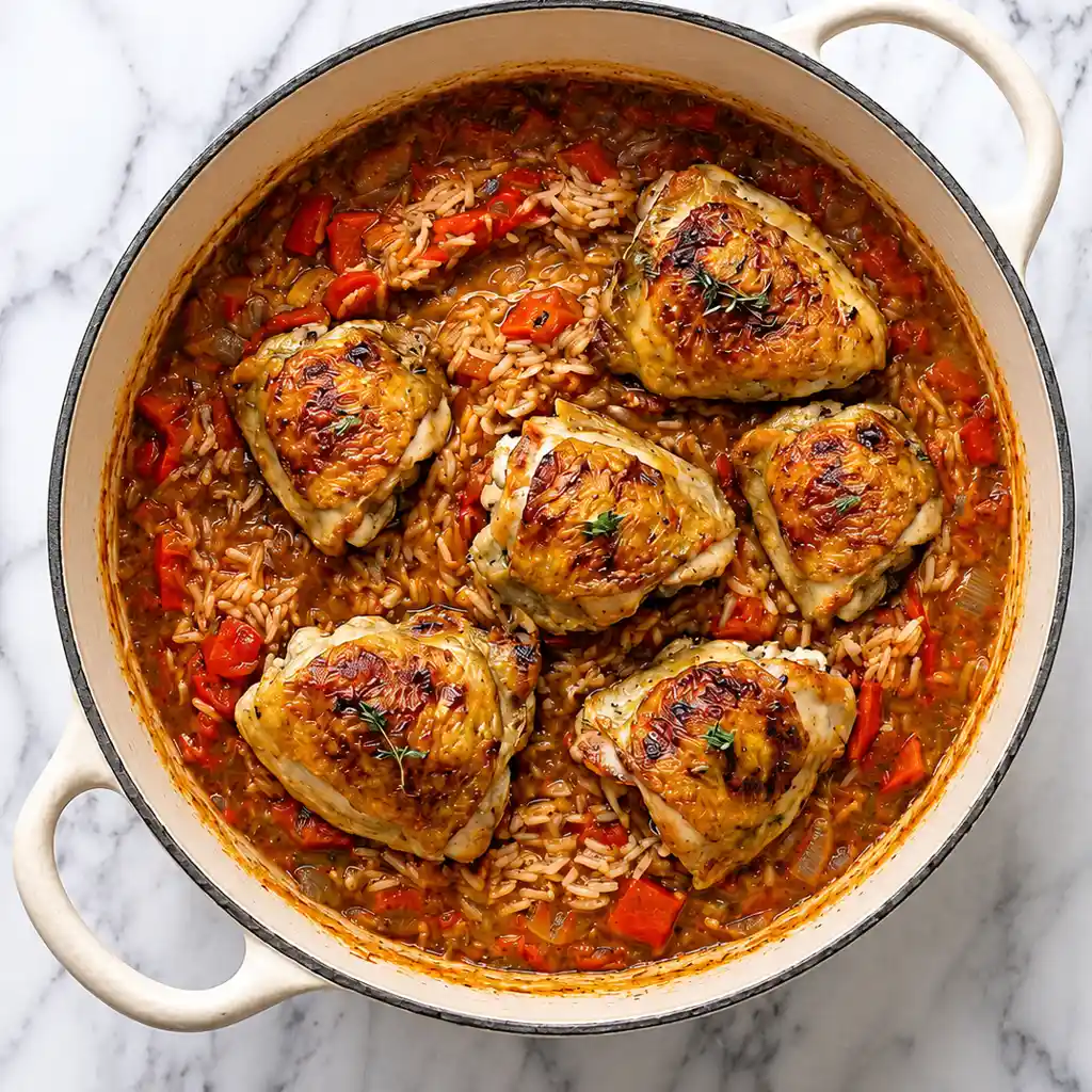completed Spanish chicken and rice in a white pot, featuring six herb-garnished, bone-in chicken thighs arranged over tomato-infused rice mixed with red peppers.