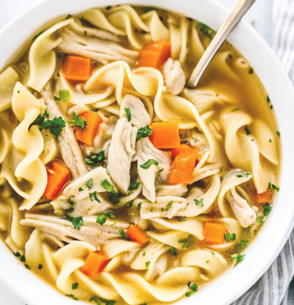 A white bowl filled with spicy chicken noodle soup, featuring shredded chicken, wide egg noodles, diced carrots, and chopped parsley in a flavorful, golden broth with a spoon.