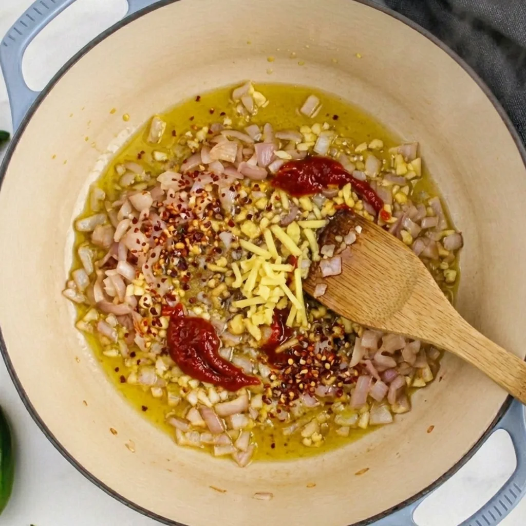 Sautéing the flavorful base for spicy chicken noodle soup in a Dutch oven with diced onions, minced garlic, ginger matchsticks, chili flakes, and hot paste.