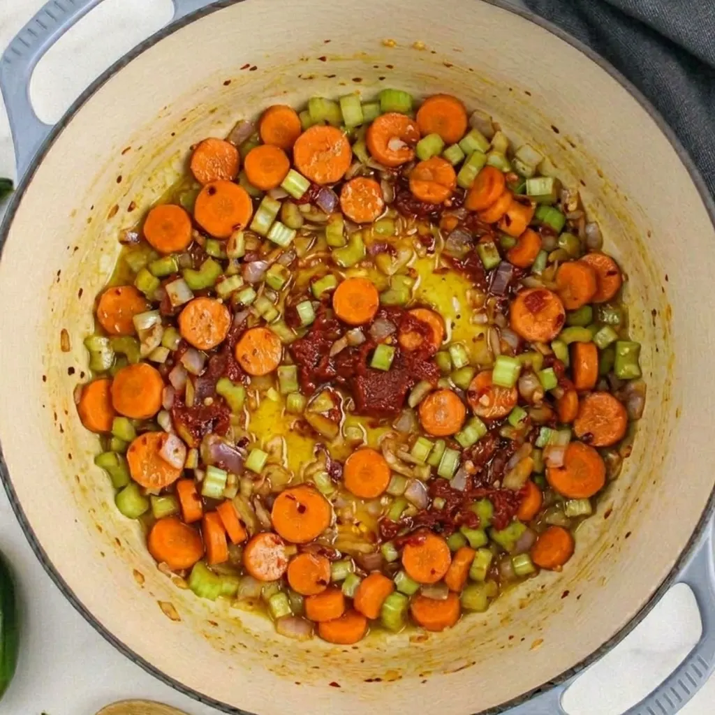Slicing and cooking vegetables for spicy chicken noodle soup, showing sliced carrots, diced celery, and onions sautéing with tomato paste in a large blue Dutch oven.