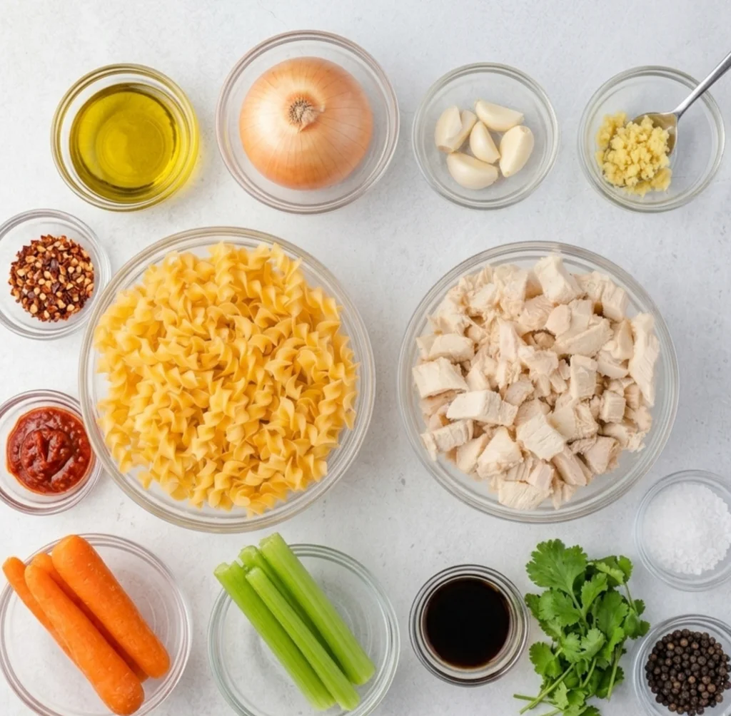 Ingredients for spicy chicken noodle soup arranged in glass bowls, including rotini pasta, cubed chicken breast, carrots, celery, onion, garlic, ginger, and chili paste."