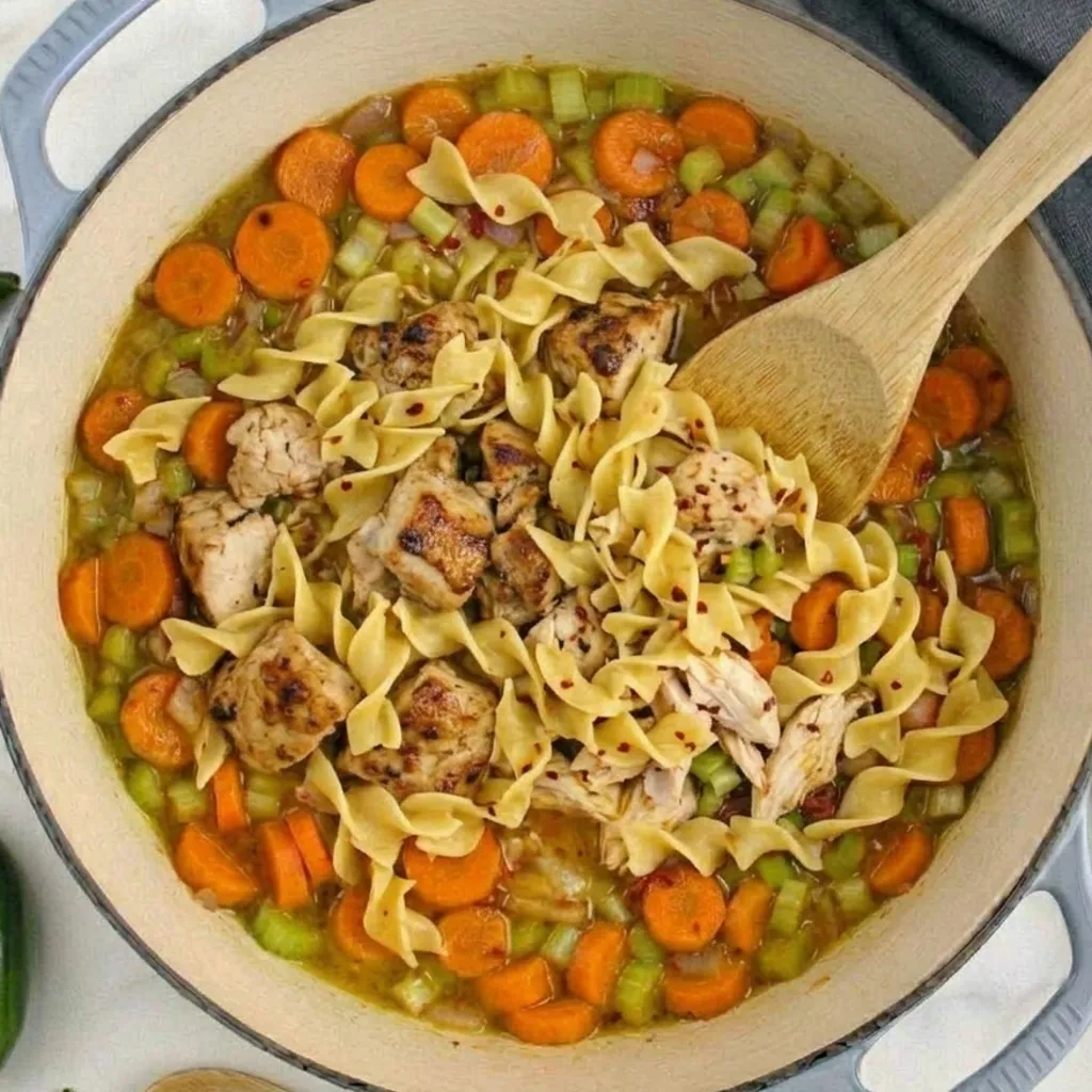 Adding wide egg noodles and seared chicken pieces to a Dutch oven filled with sliced carrots, celery, and broth for spicy chicken noodle soup.